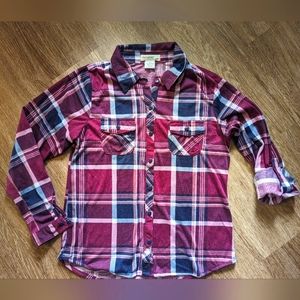 Passport Girl Magenta Plaid Roll Tab Sleeve Button Down Shirt